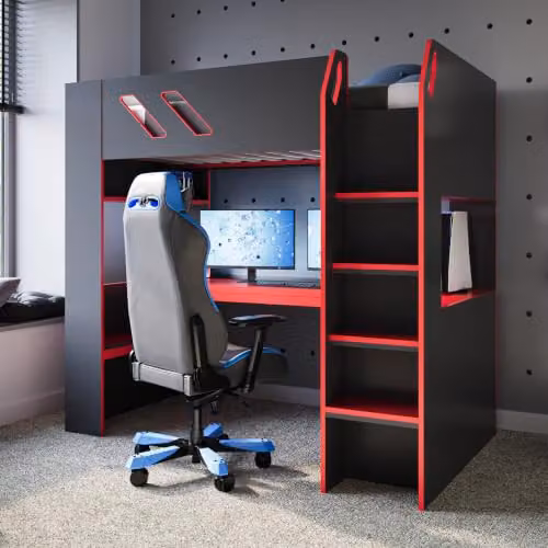Flair Furnishings Orbit Gaming Bunk Bed with Desk and Under-Bed Lighting in Black and Red – 1
