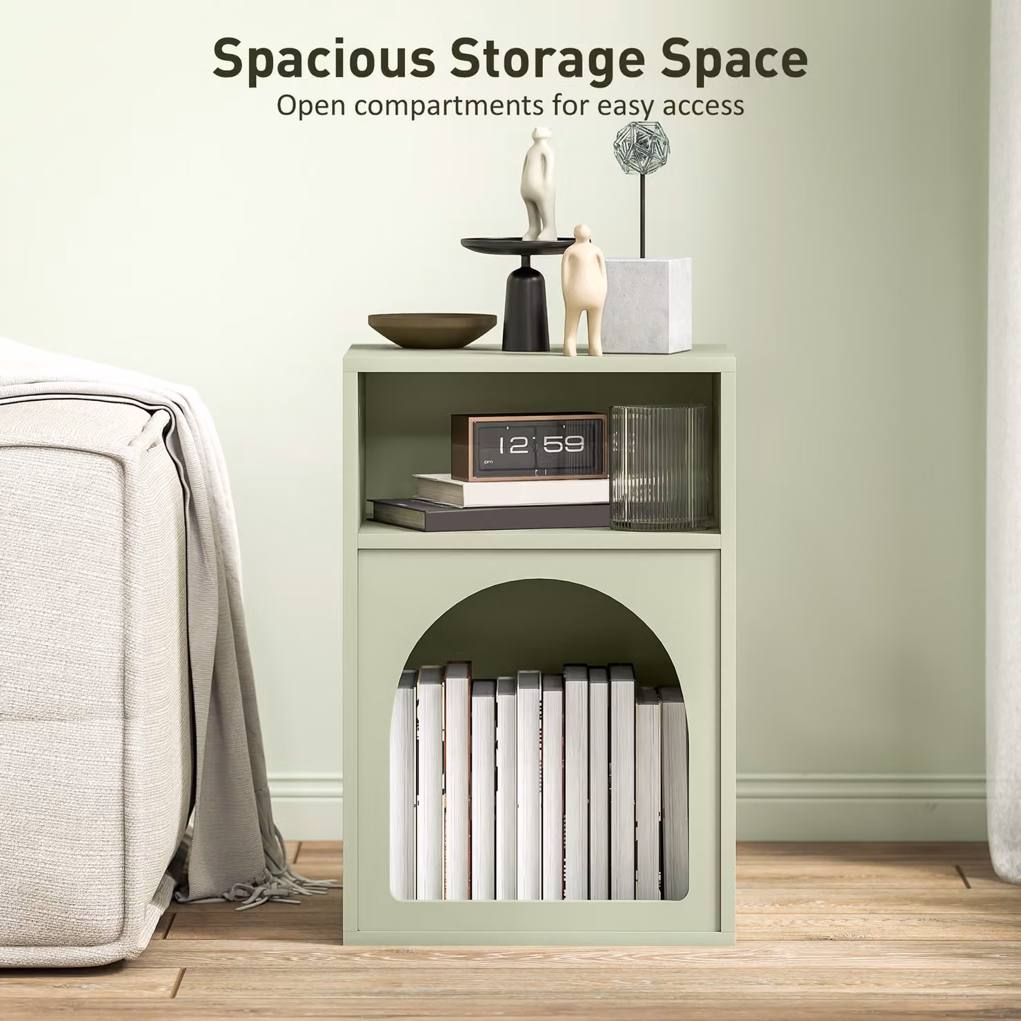 HOMCOM Modern Bedside Table with 2 Open Compartments and Integrated Lighting in Green – 4