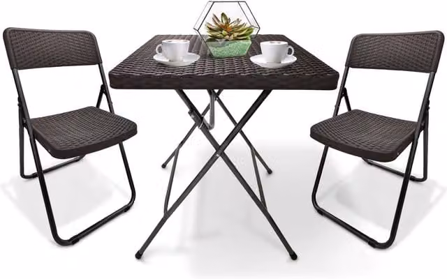 NETTA Brown Rattan Effect Bistro Table and Chairs Set for Garden, Balcony or Terrace