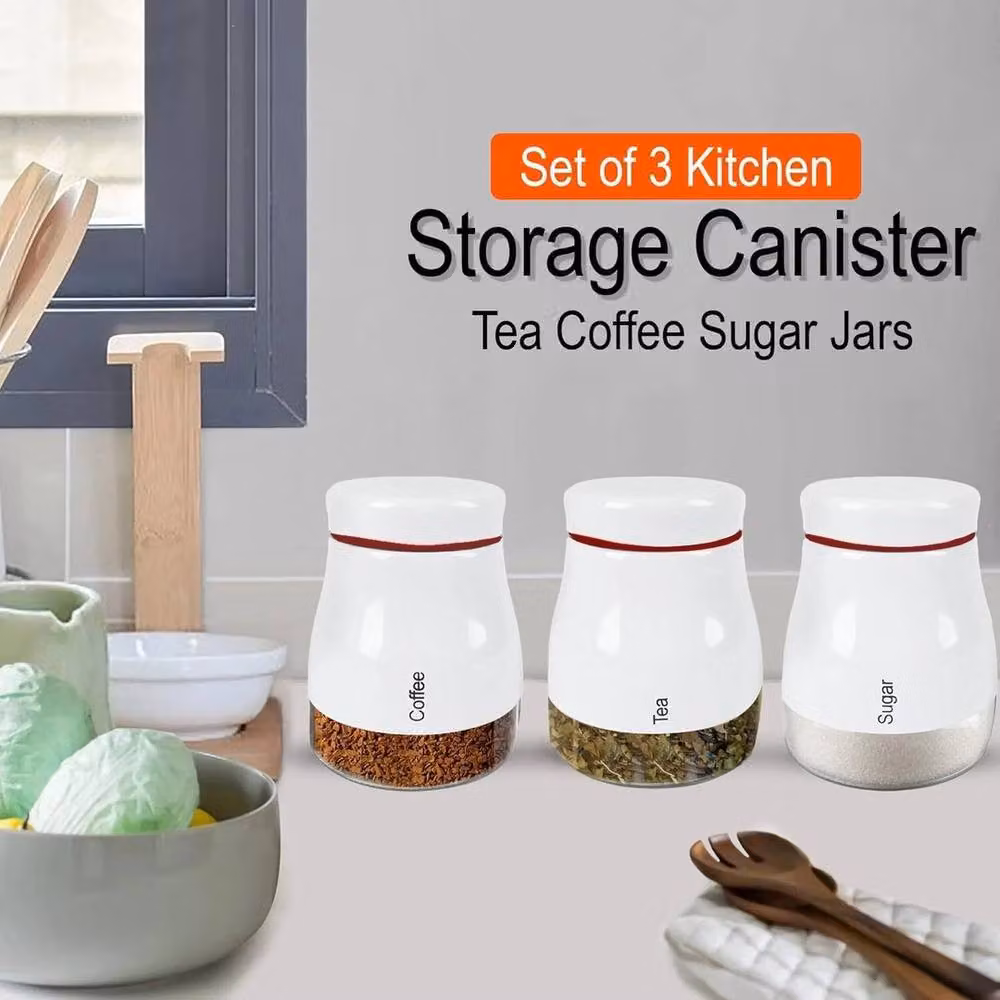 FLAVORA Set of 3 White and Transparent Glass Kitchen Storage Canisters for Tea, Coffee and Sugar – 3