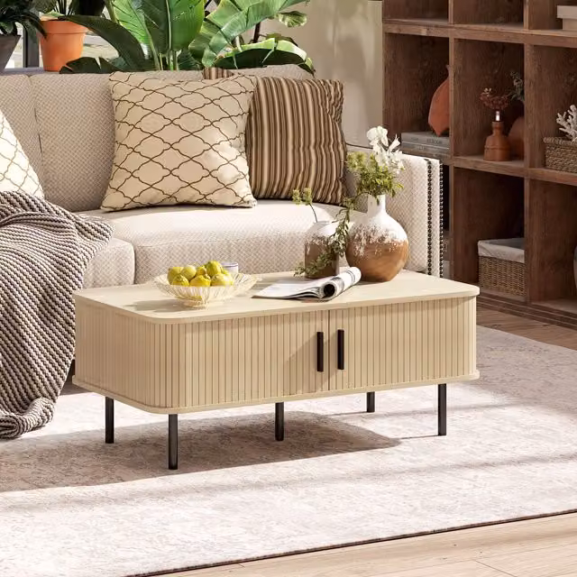 HOMCOM Mid-Century Rectangular Coffee Table with Storage and Sliding Doors in Oak
