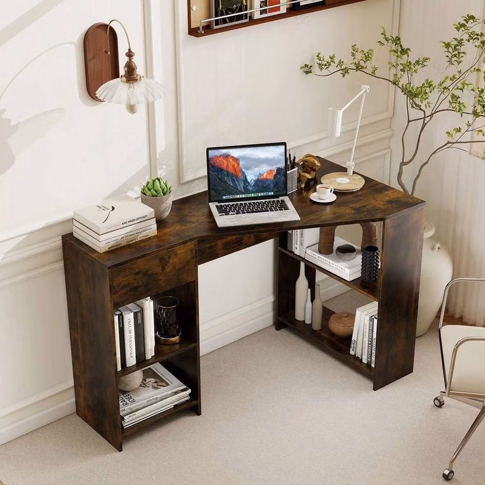 VOGREX Brown Compact L-Shaped Corner Desk with Storage – 2