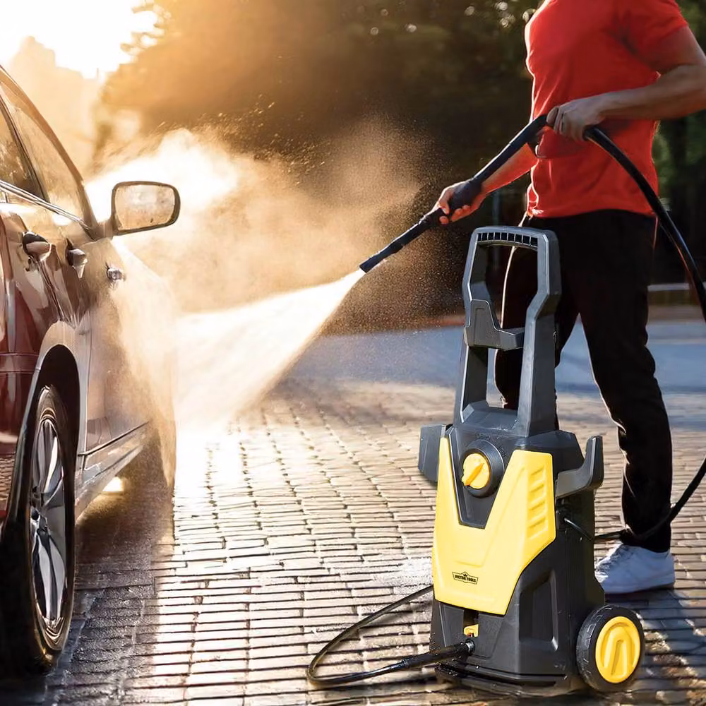 Victor Tools 1600W Pressure Washer with Adjustable Bar and Easy-Roll Wheels in Yellow – 2