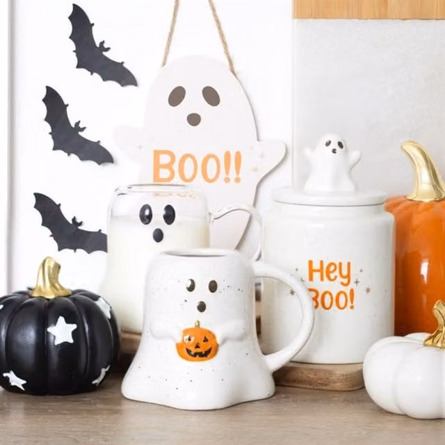 Hey Boo Ghost Ceramic Storage Jar, White and Orange Treat Container
