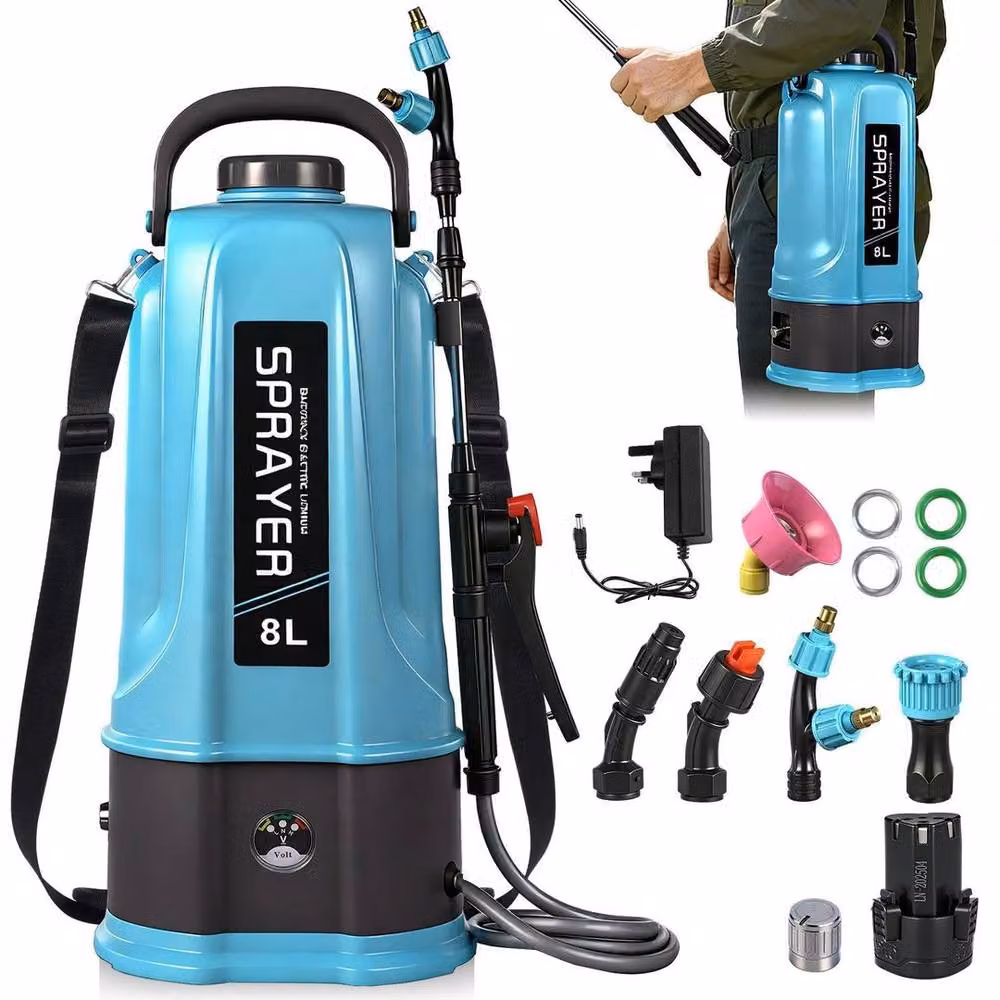 KORVIXA 8L Electric Garden Sprayer with Rechargeable Battery and 5 Mist Nozzles, Blue and Multicolour – 3