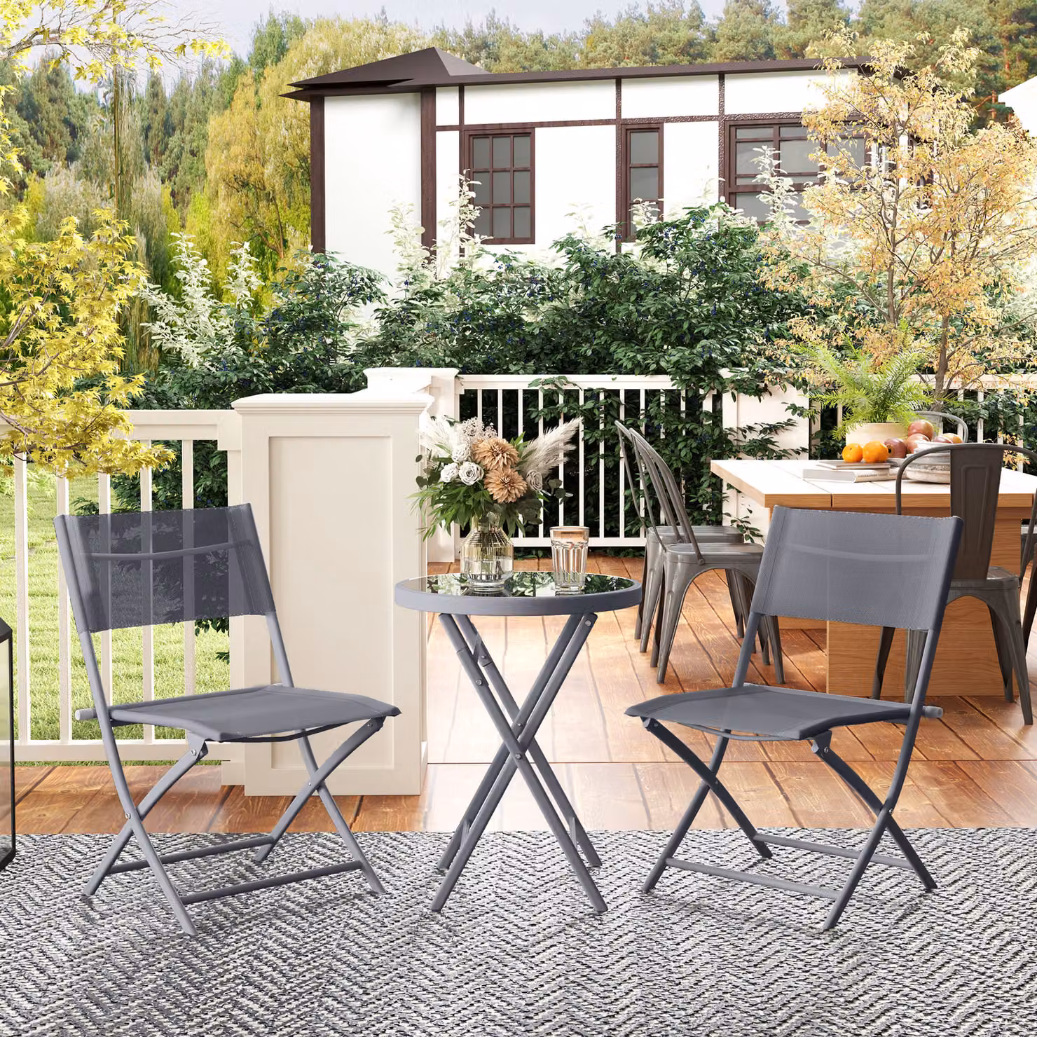 Outsunny 3 Piece Outdoor Bistro Set with Round Glass Top Table and 2 Folding Chairs in Grey – 2