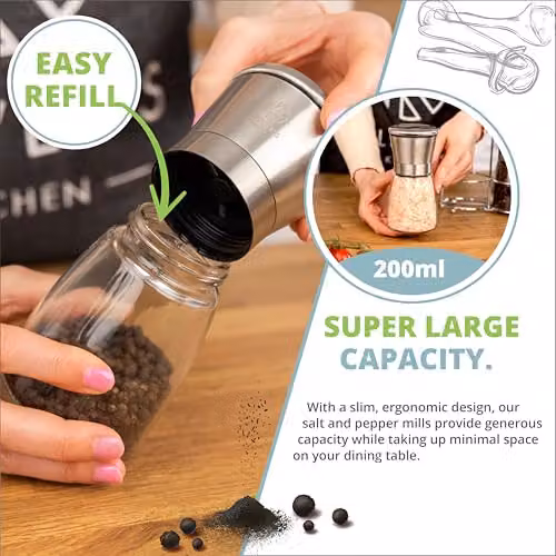 Oliver's Kitchen Salt and Pepper Grinder Set with Ceramic Mechanisms and Rotating Stand in Silver – 9