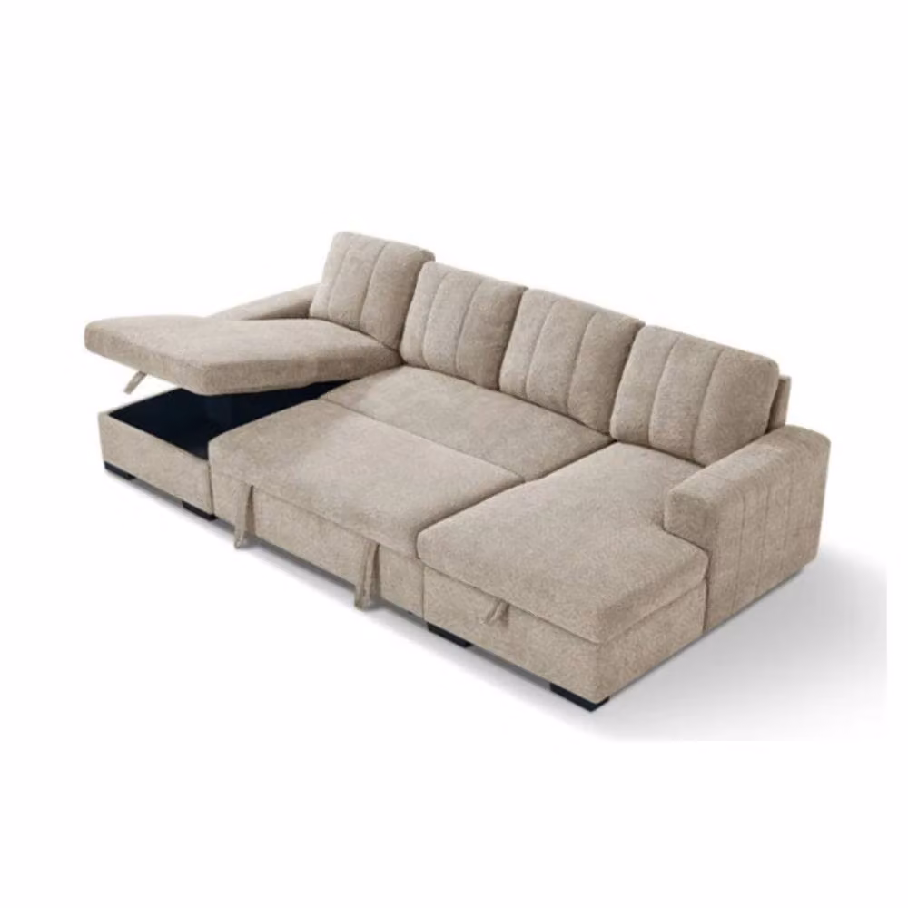 Stratus Interiors Modern Reversible U-Shaped Fabric Corner Sofa Bed with Lift-Up Storage in Beige – 2