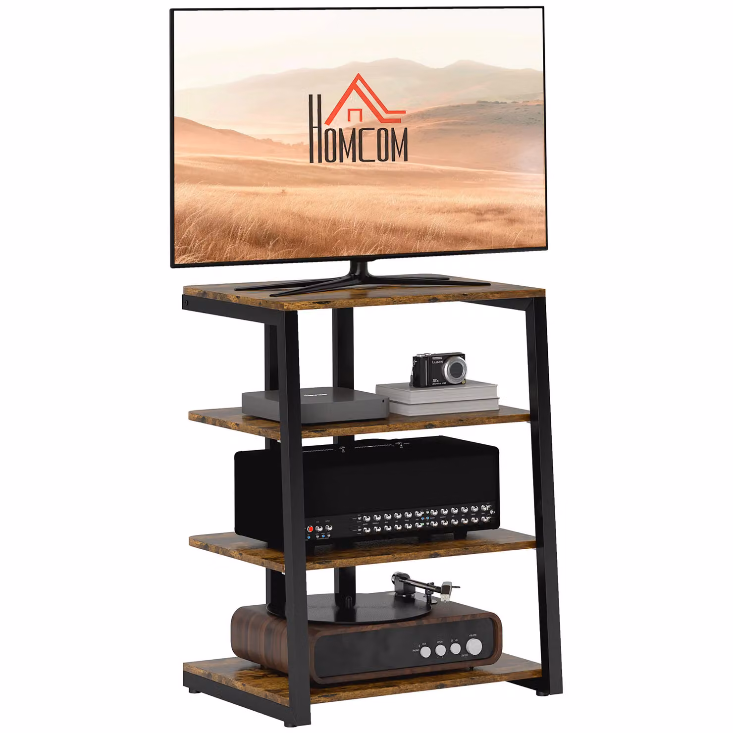 HOMCOM 4-Tier HiFi Rack Stand and Record Player Stand with Adjustable Shelves in Rustic Brown – 2