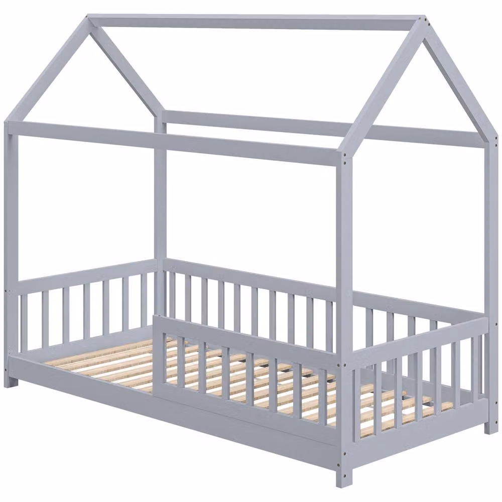 STILVORA House-Shaped Single Bed Frame in Grey Solid Pine Wood, W/D/H: 195 x 120 x 96 cm – 2