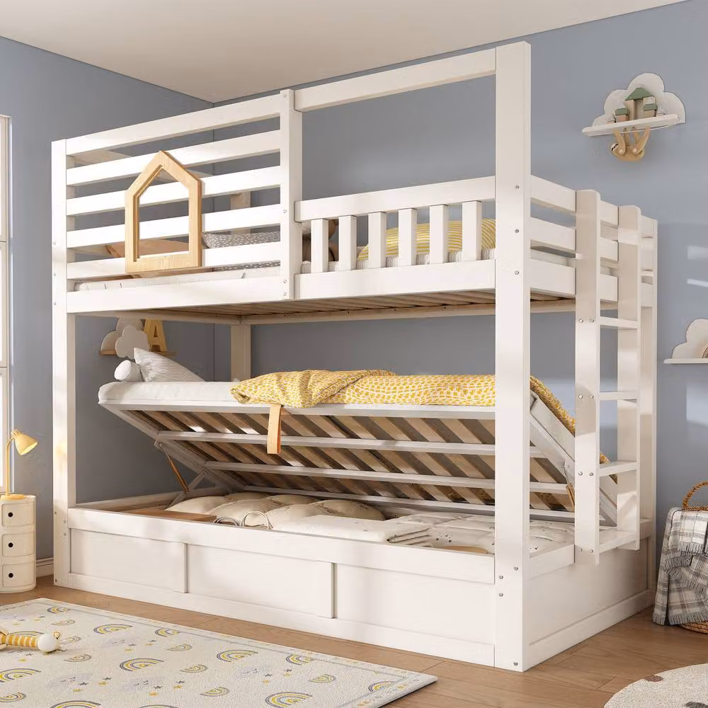 BTM Kids White Wood Cabin Bunk Bed with Hydraulic Storage and Ladder, Single Size – 3