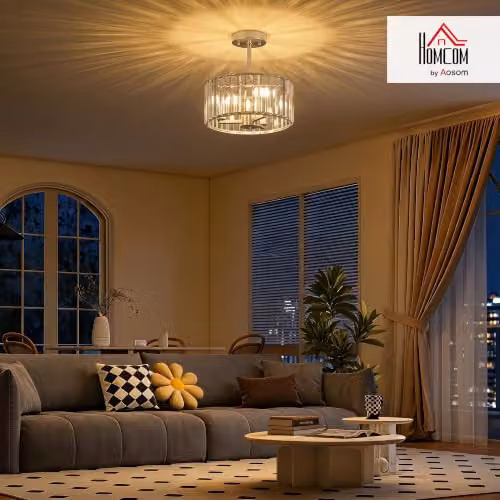 HOMCOM Modern Crystal Semi Flush Mount Ceiling Light in Silver and Transparent – 2