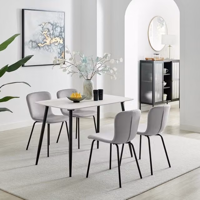 FurnitureboxUK Asti White Marble Ceramic Top Dining Table and 4 Grey Velvet Chairs Set