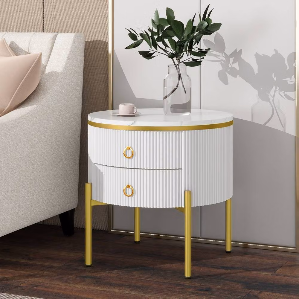 BTM Round White and Gold Glossy Coffee Table with Drawers – 2