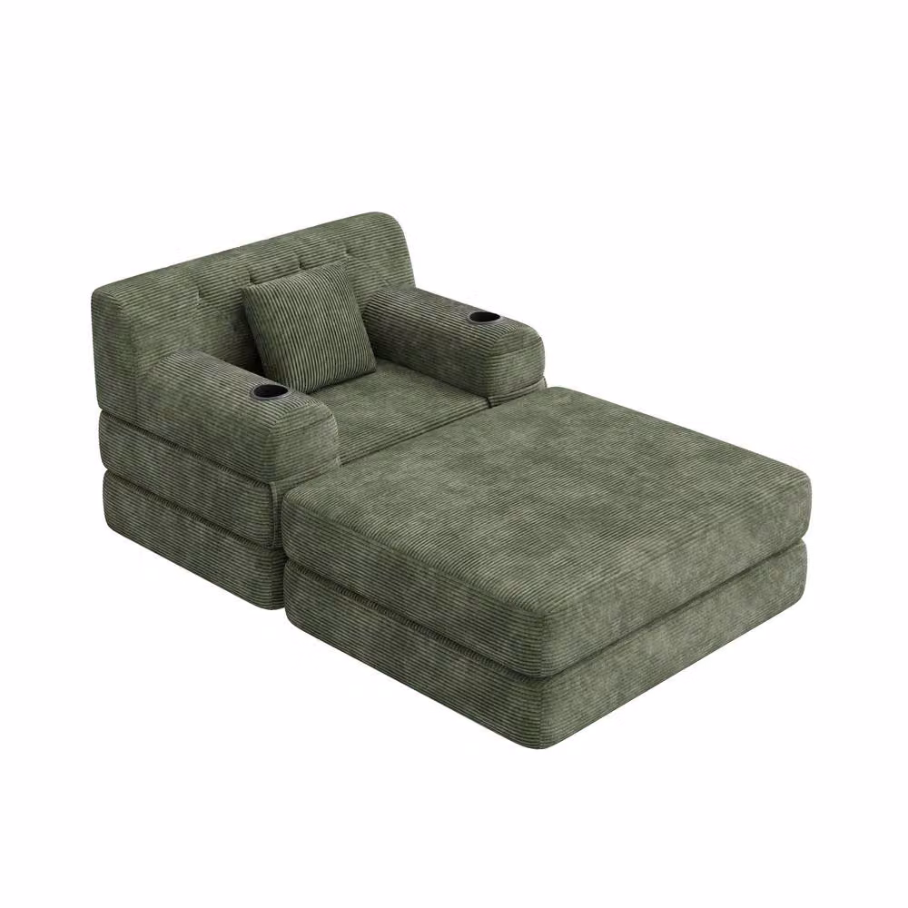 BTM Cord Sleeper Chair Ottoman with Cup Holders and Side Pockets, Green, W/D/H: 162 x 107 x 81 cm – 5