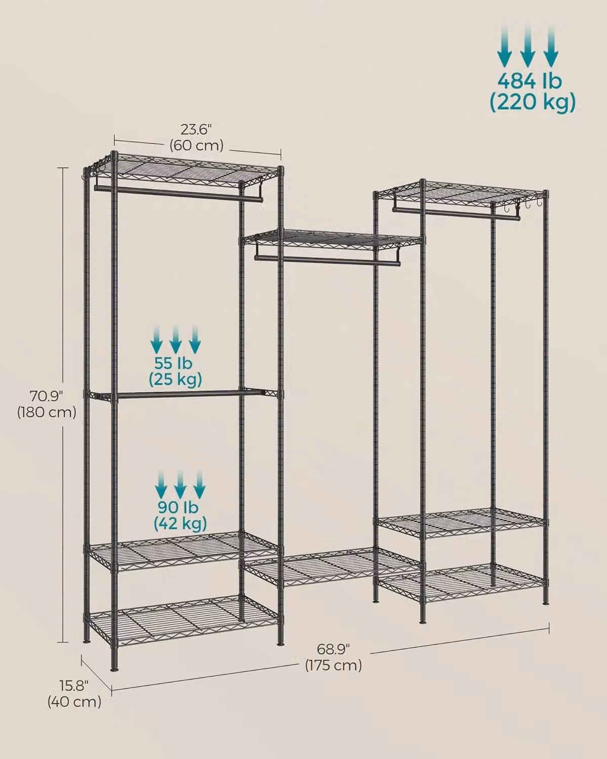 SONGMICS Industrial Open Wardrobe with Metal Clothes Rails and Adjustable Shelves, Matt Black – 2