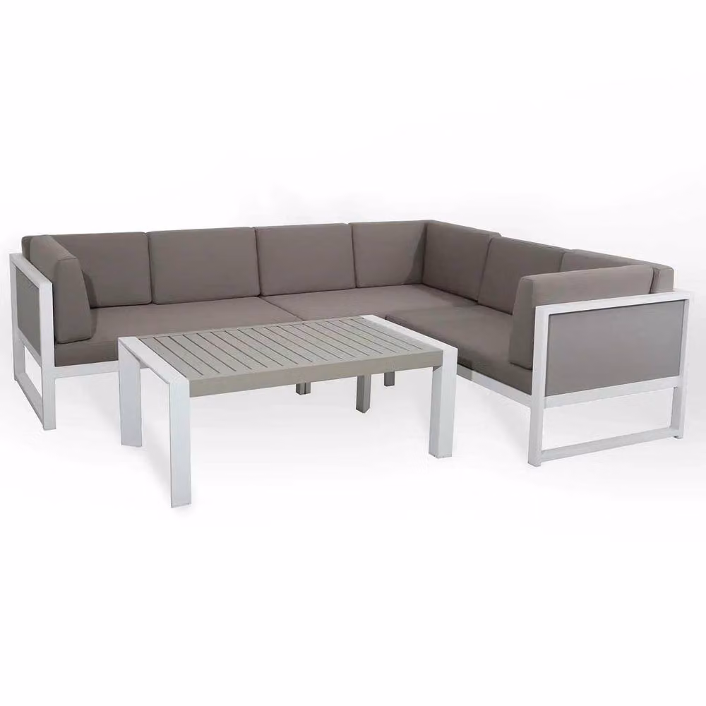 Furnishings For Less UK 6 Seater Aluminium Garden Corner Sofa Set with Coffee Table in White – 3