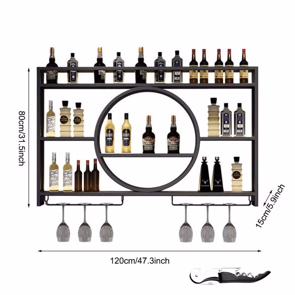 FORGEVIO L-Industrial Wall Mounted Wine Rack Cabinet with Glass Holder in Matt Black Metal – 2