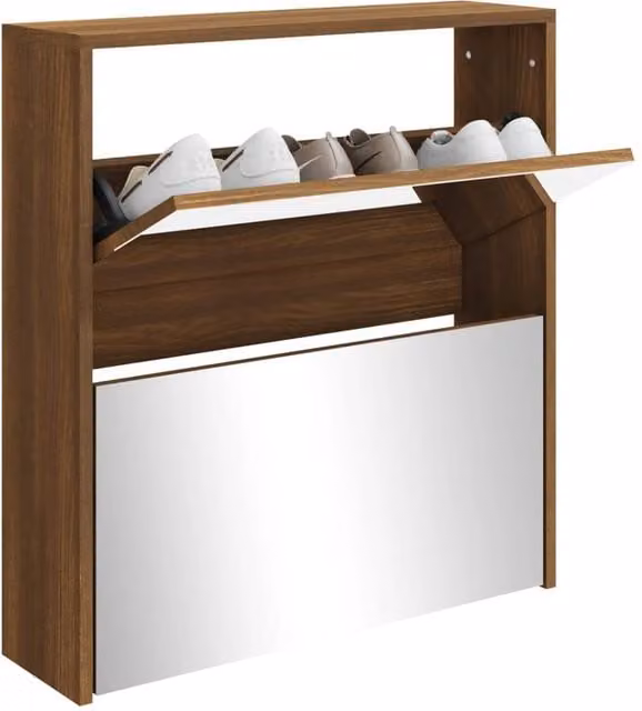 Berkfield Home Modern 2-Layer Shoe Cabinet with Mirror in Brown Oak, W: 63 cm, D: 17 cm, H: 67 cm – 1
