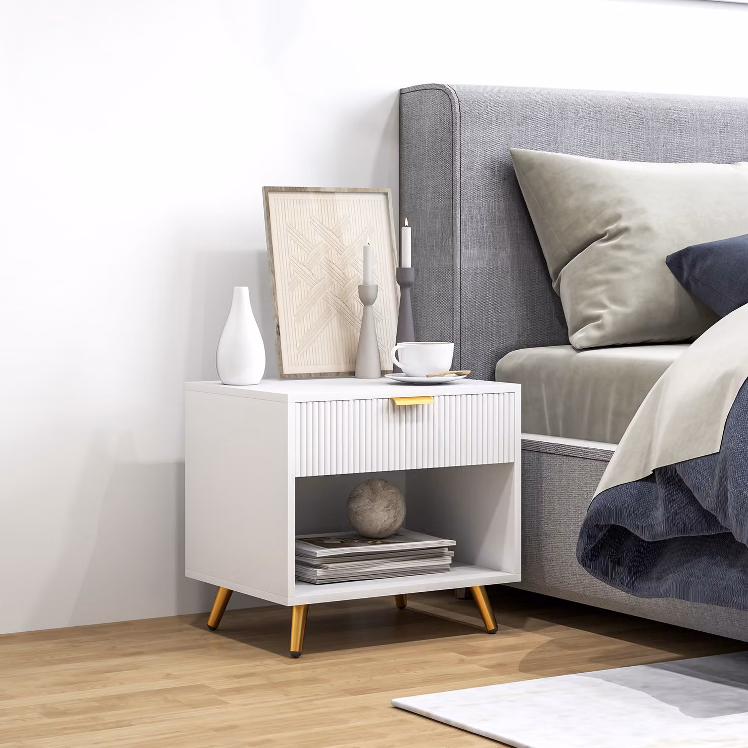 HOMCOM Elegant Modern Bedside Table with Drawer and Shelf in White and Gold Tone – 2