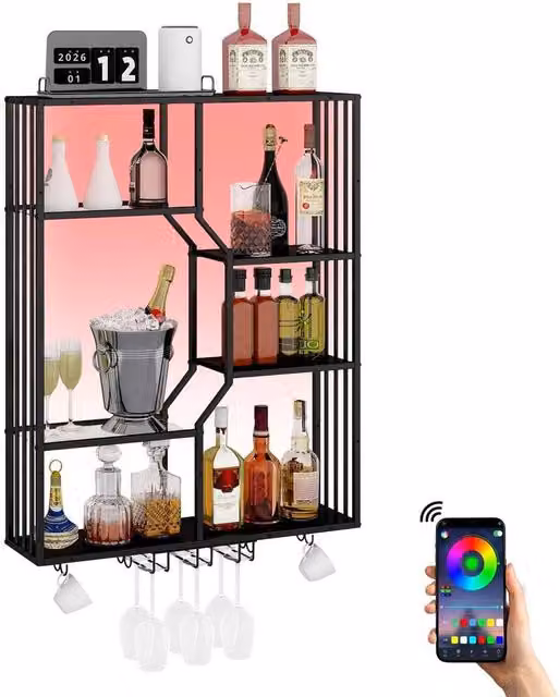 FORGEVIO Wall Mounted Metal Wine Rack with Integrated RGB Lighting in Black – 1