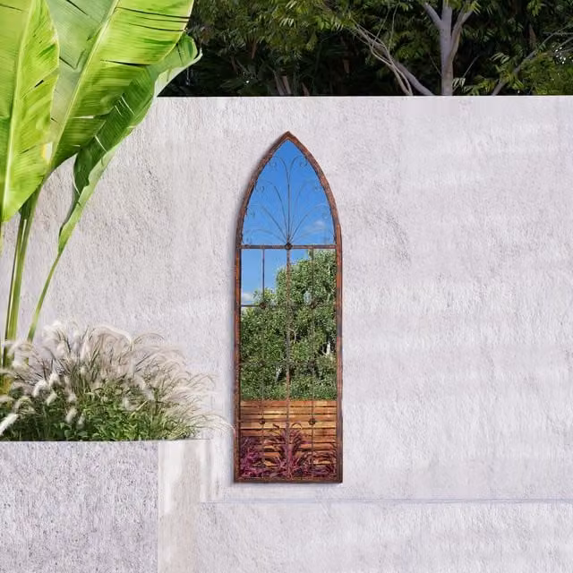 MirrorOutlet Chelsea Metal Arch-Shaped Window Garden Mirror in Bronze, H 120 x W 40 x D 1 cm