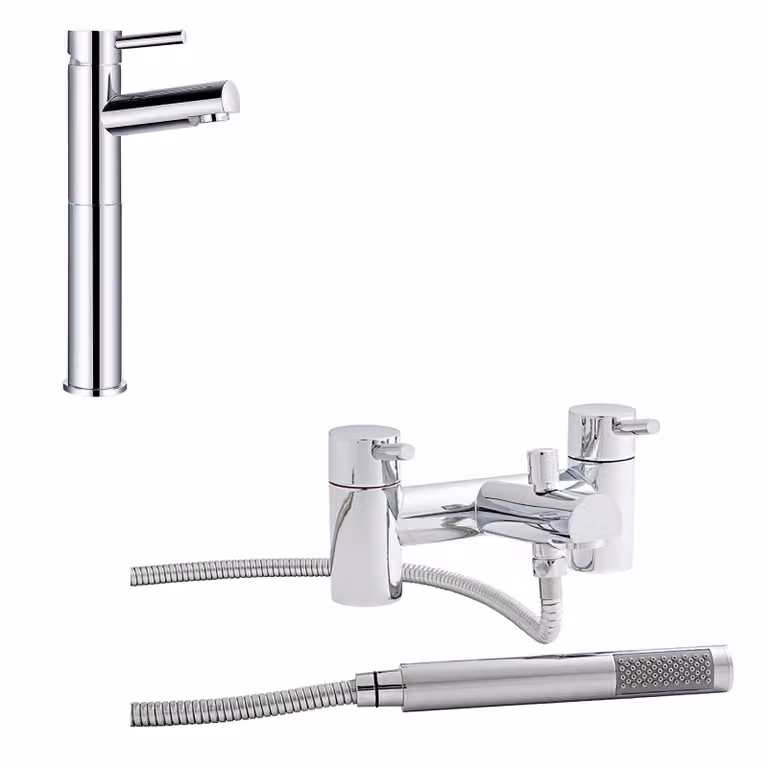 Kartell Plan High Rise Mono Basin Mixer Tap and Bath Shower Mixer Set in Chrome Finish with Solid Brass Construction