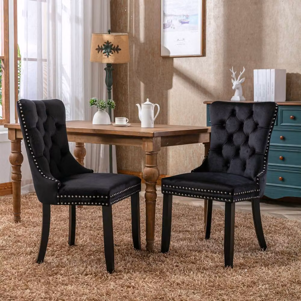 Merax Set of 6 Black Velvet Button Tufted Dining Chairs with Rubberwood Legs – 3