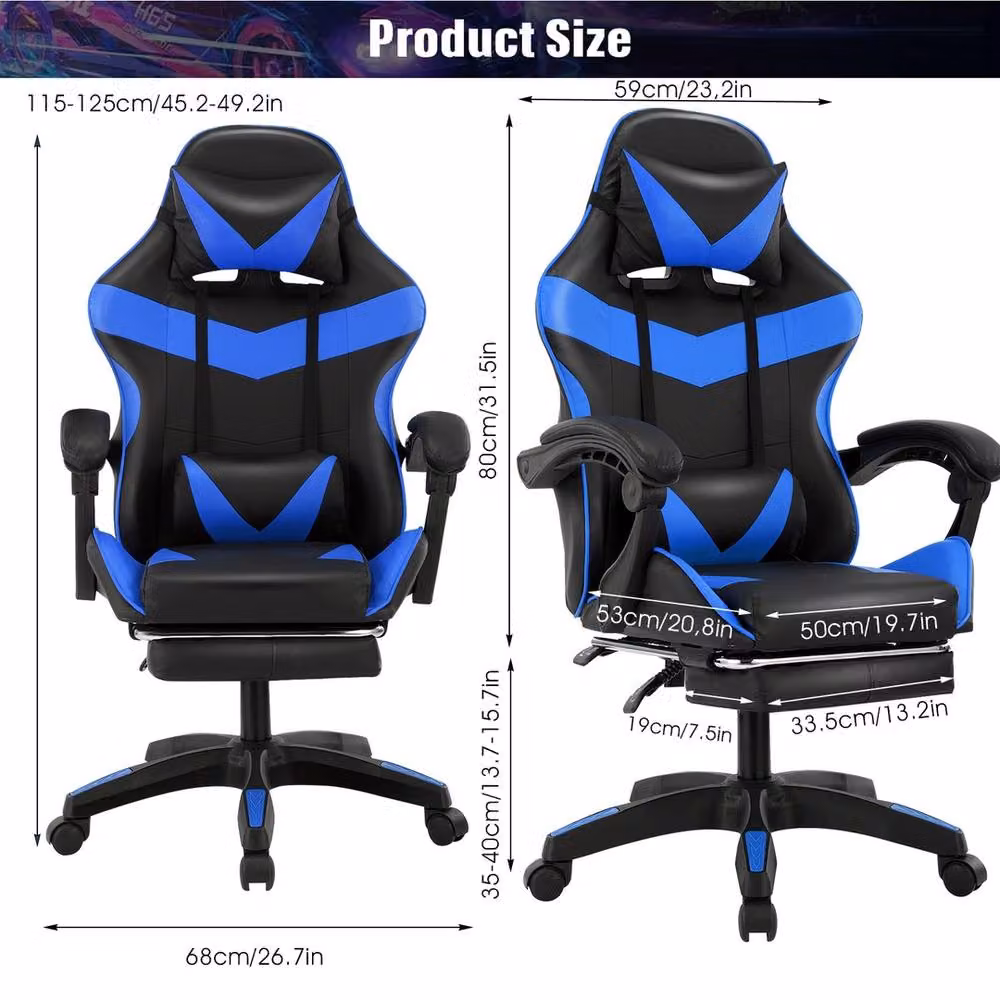 VOGREX Ergonomic PC Gaming Chair in Black and Blue with PU Leather and Lumbar Support – 2