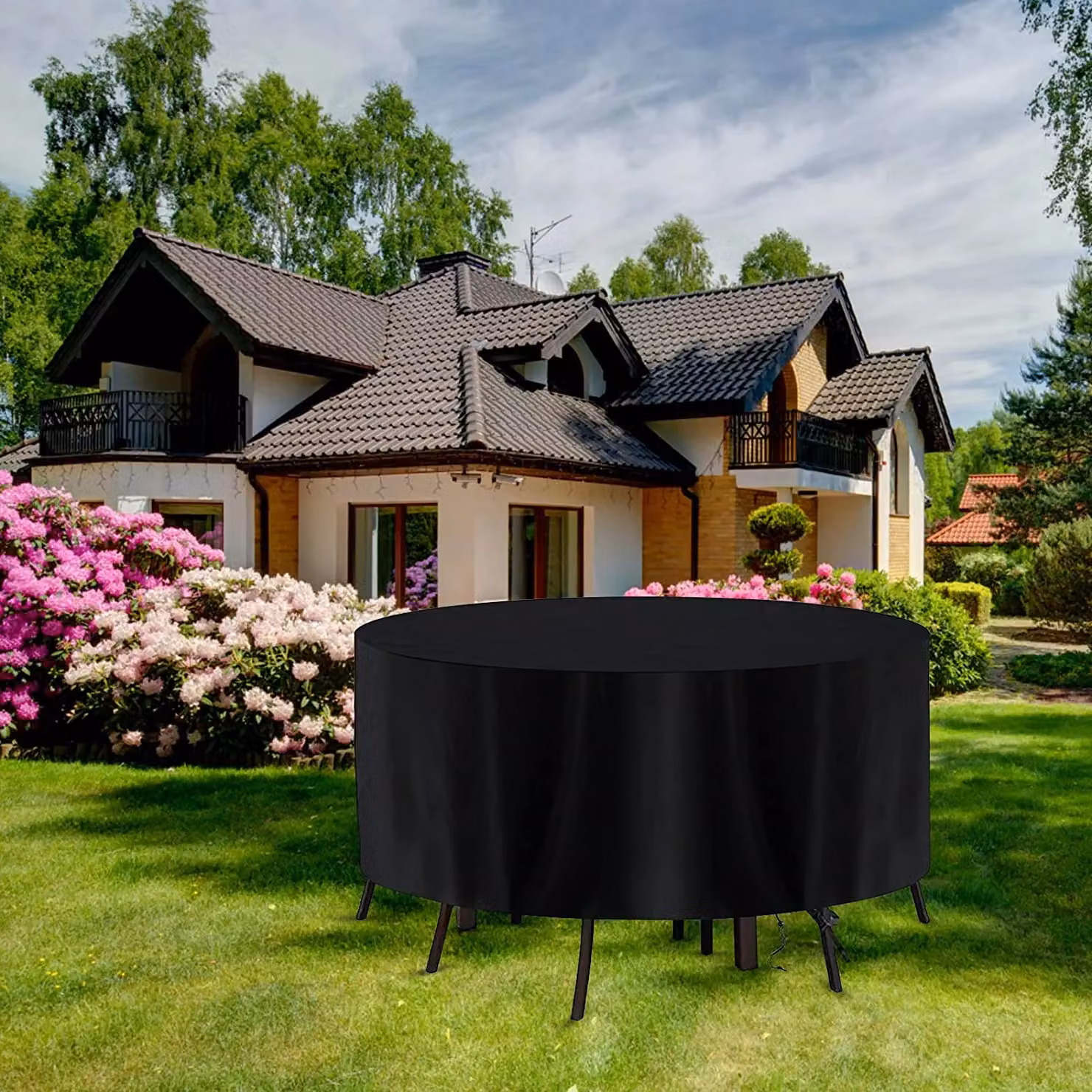 FURNITURE ONE Black Round Dining Set Patio Cover in Water Repellent 600D Oxford Fabric, W: 90 cm, H: 75 cm – 7