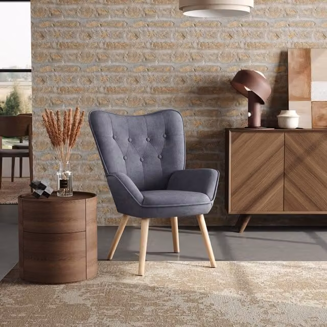 Livingandhome Mid-Century Grey Fabric Armchair with Solid Wood Frame and Armrests