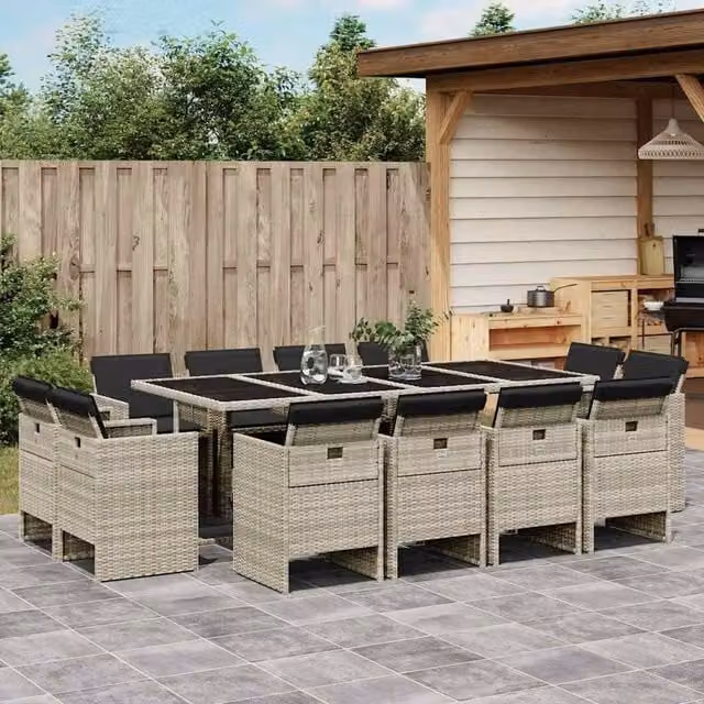 Berkfield Home 13 Piece Modern Garden Dining Set with Light Grey Cushions and Poly Rattan – 1