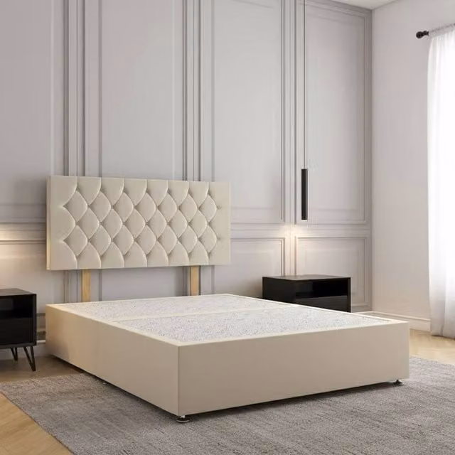 Regional Furnishings Upholstered Plush Velvet Divan Bed with 24 inch Headboard in Beige, Single, W/D/H: 90 x 200 x 60.96 cm