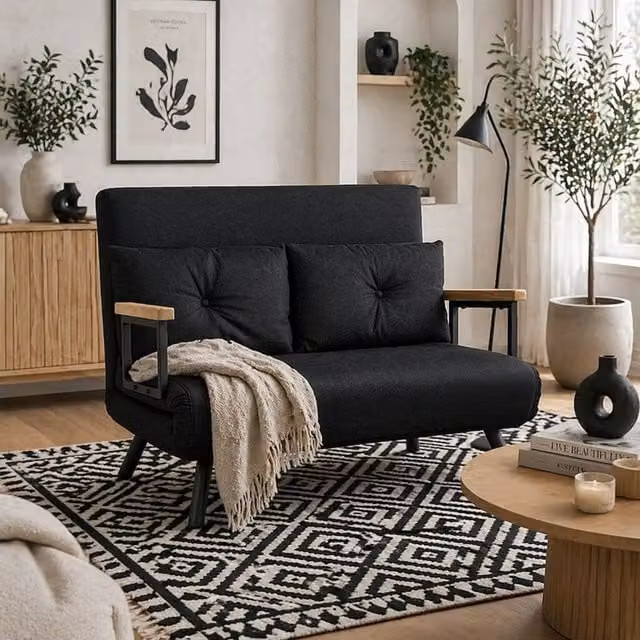 Wyld Haus Tarico Black 4 in 1 Convertible Double Sofa Bed with Velvet Fabric and Scatter Cushions, W/D/H: 140 x 200 cm – 1
