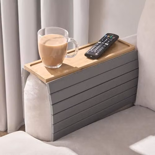 OHS Foldable Bamboo Wood Sofa Arm Tray with Anti-Slip Backing in Grey/Brown/Multicolour – 1