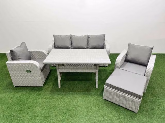Fimous PE Rattan Garden Furniture Set with Reclining Chairs, Sofa, Rectangular Dining Table and Footstool in Light Grey