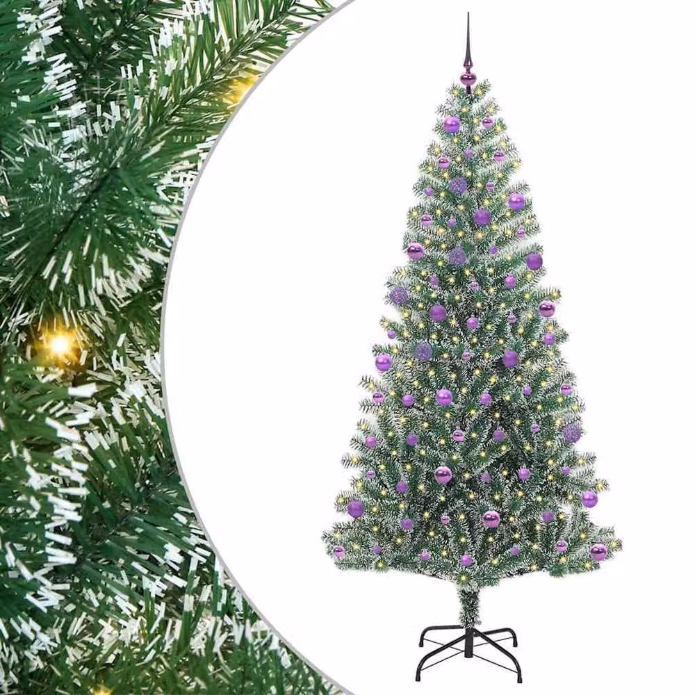 Berkfield Home Snow Flocked Artificial Christmas Tree with LED Lights, Green and White, Height: 210 cm – 3