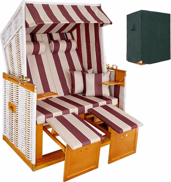 tectake Maritime Red and White Striped Rattan Beach Chair with Sun Canopy and Weatherproof Scatter Cushions
