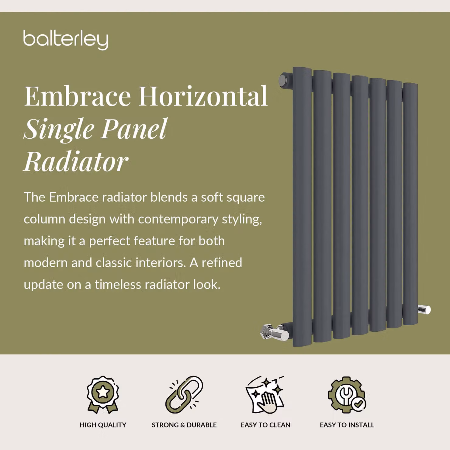 Balterley Embrace Horizontal Single Panel Radiator, Grey Anthracite, W: 60.0 cm, H: 41.2 cm – 2