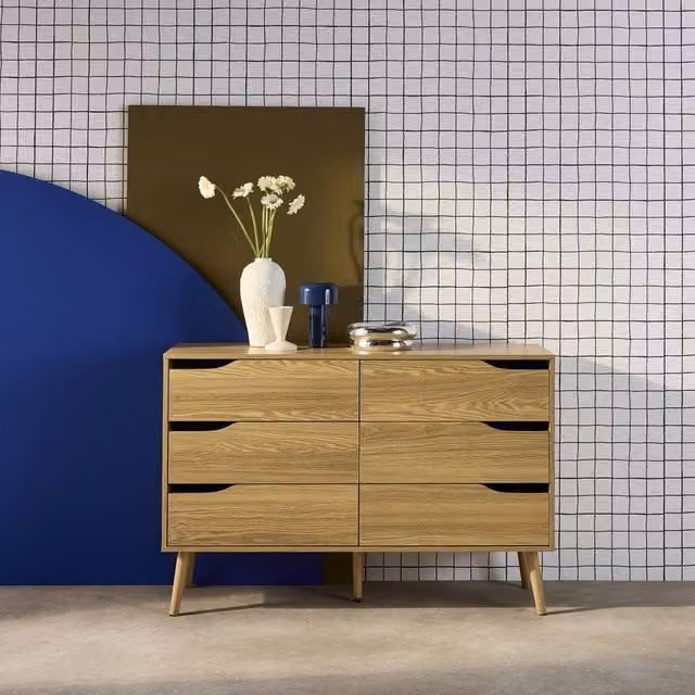 Sweek 6-Drawer Scandinavian Style Chest in Light Brown Wood Effect, H 120 x W 80 x D 40 cm