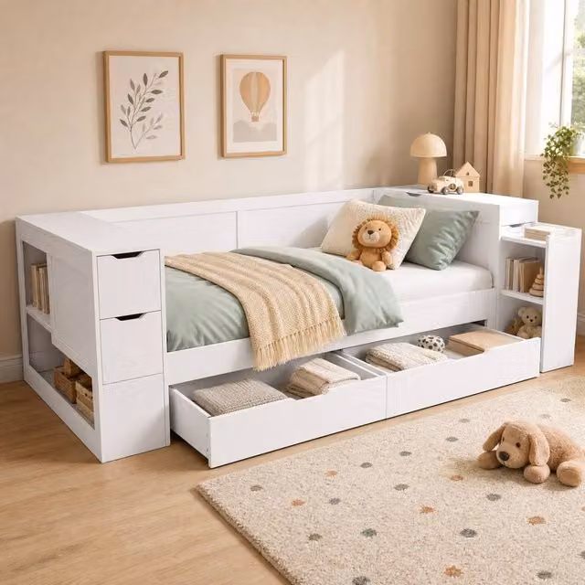 STILVORA Single Bed Frame with Storage Drawers in White, W/D/H: 90 x 190 cm