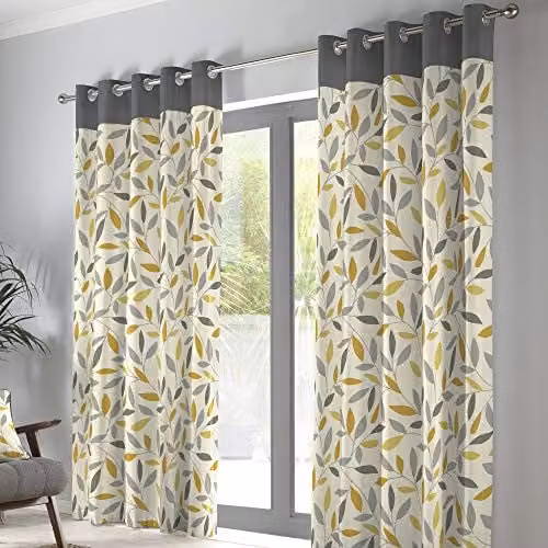 Fusion Beechwood Floral Cotton Eyelet Curtains, Ochre, W: 229 cm, H: 229 cm