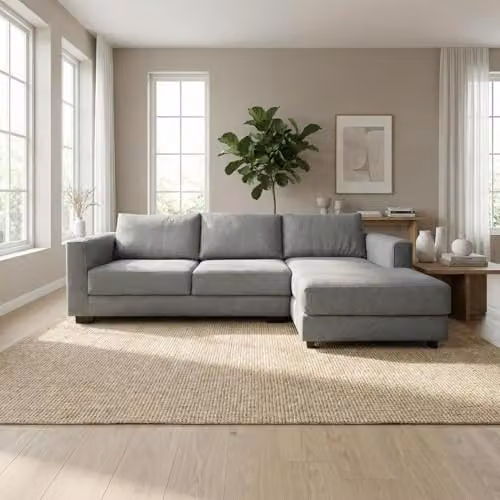 Abakus Direct Kaizer L-Shaped Corner Sofa in Grey Bouclé Fabric, Right Facing