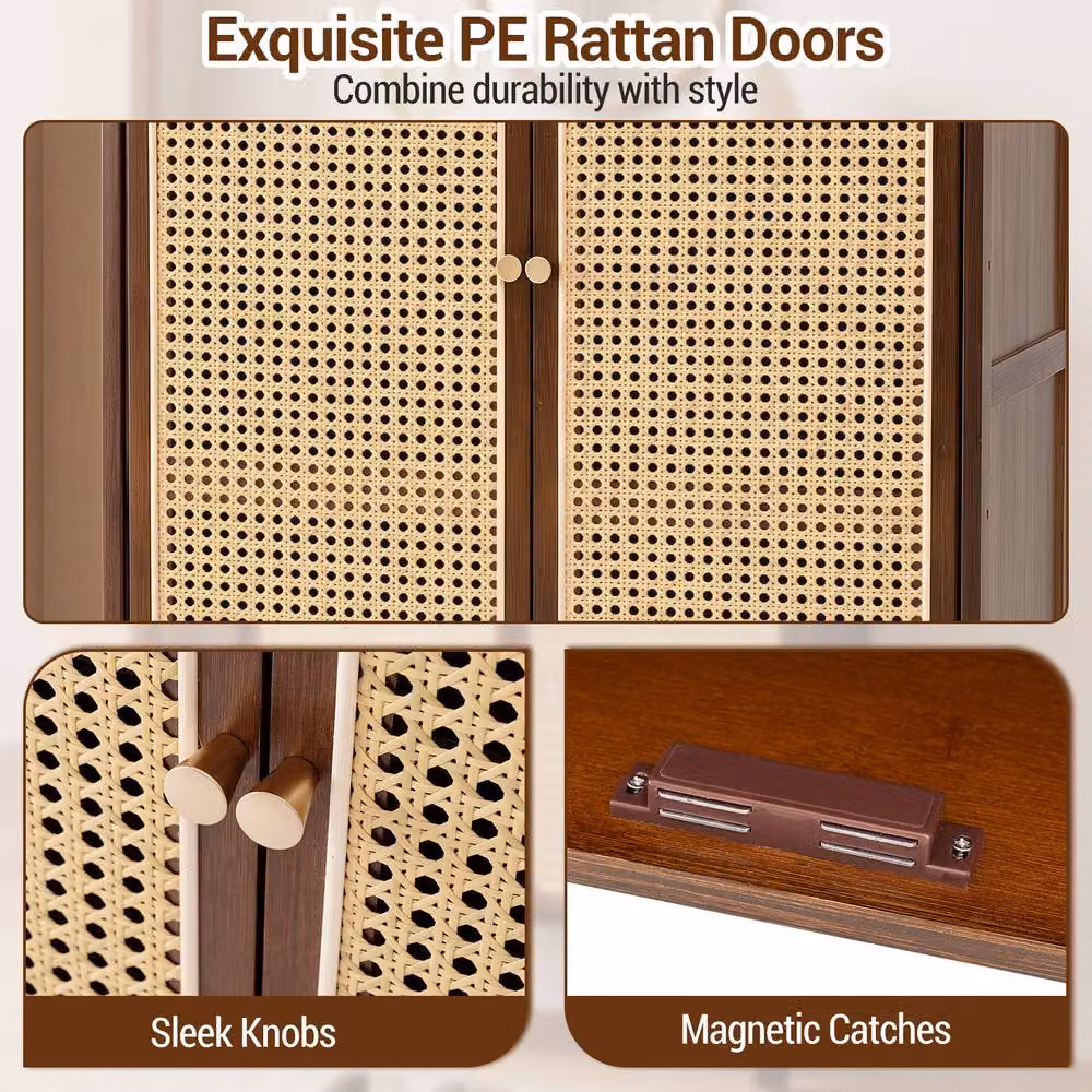 Gymax Bamboo Freestanding Shoe Cabinet with Rattan Sliding Doors in Brown – 5