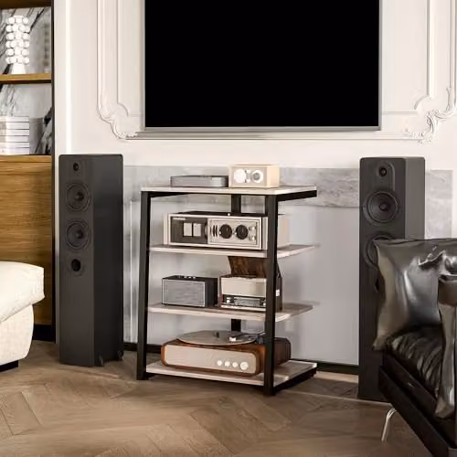HOMCOM Industrial HiFi Stand and Media Storage Shelf in Grey with 4 Tiers and Metal Accents, W/D/H: 79.0 x 60.5 x 60.0 cm – 8
