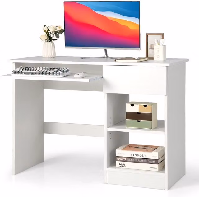 Costway Modern Computer Desk Workstation with Keyboard Tray and Drawer in White