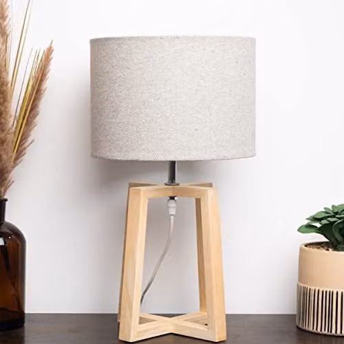 K LIVING Natural Wooden Table Lamp with Grey Linen Look Fabric Shade