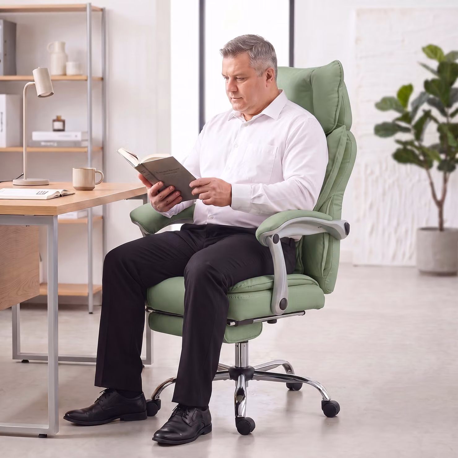 HOMCOM Executive Big and Tall Office Chair in Light Green with Synthetic Leather, Headrest and Foot Ring – 7