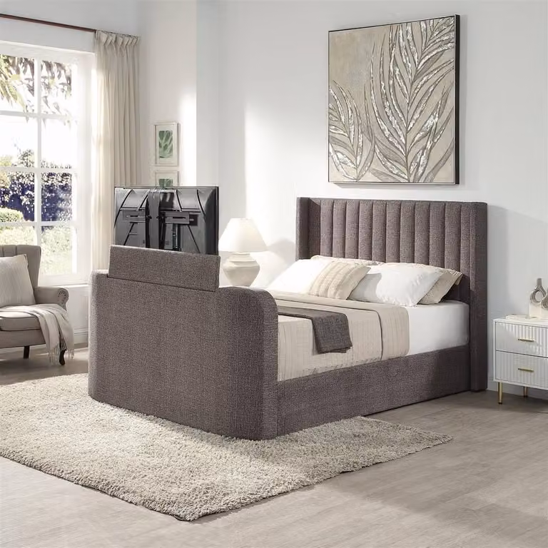 Home Source King Size Ottoman Smart TV Bed Frame with Storage and Footboard, Upholstered in Grey, W/D/H: 180 x 200 x 108.5 cm