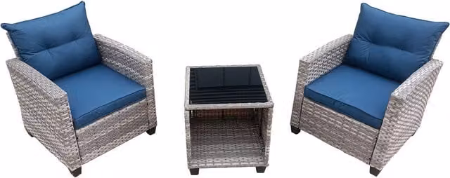 FURNITURE ONE 3 Piece Outdoor PE Rattan Bistro Set with Tempered Glass Top Coffee Table in Natural